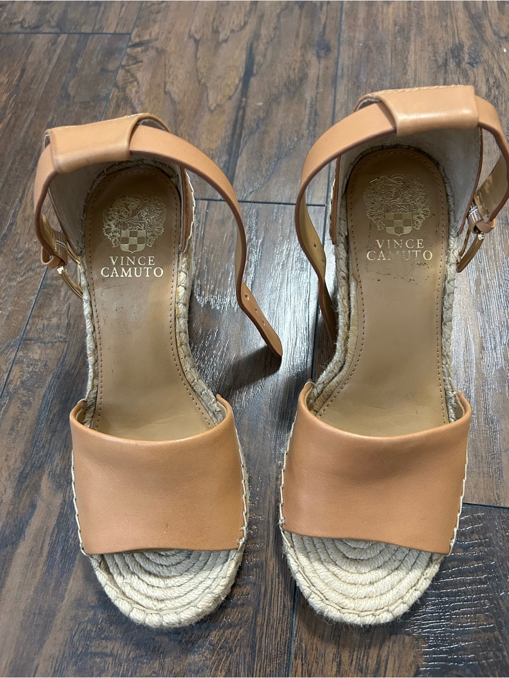 Vince Camuto Tan Leather Espadrille Wedge Sandals with Ankle Strap